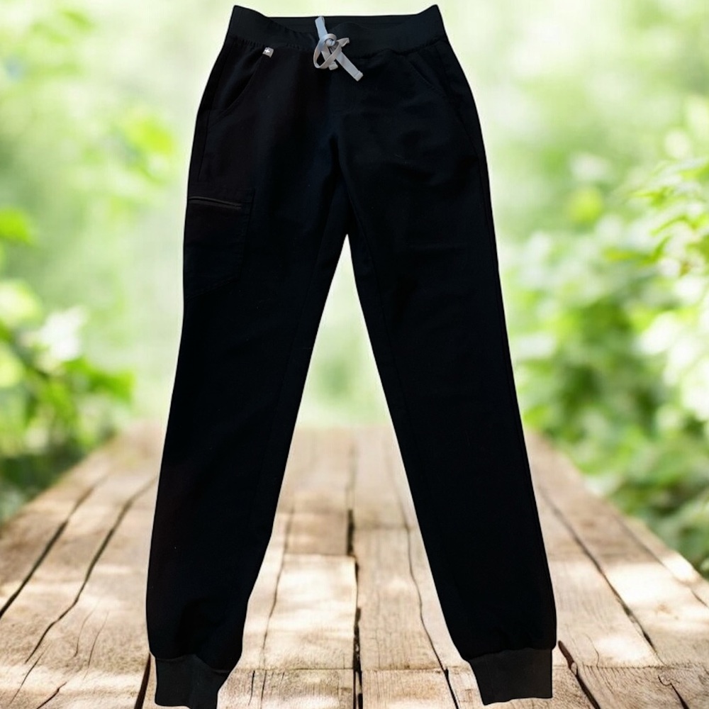 Figs Black Track Joggers with Gray Drawstring
